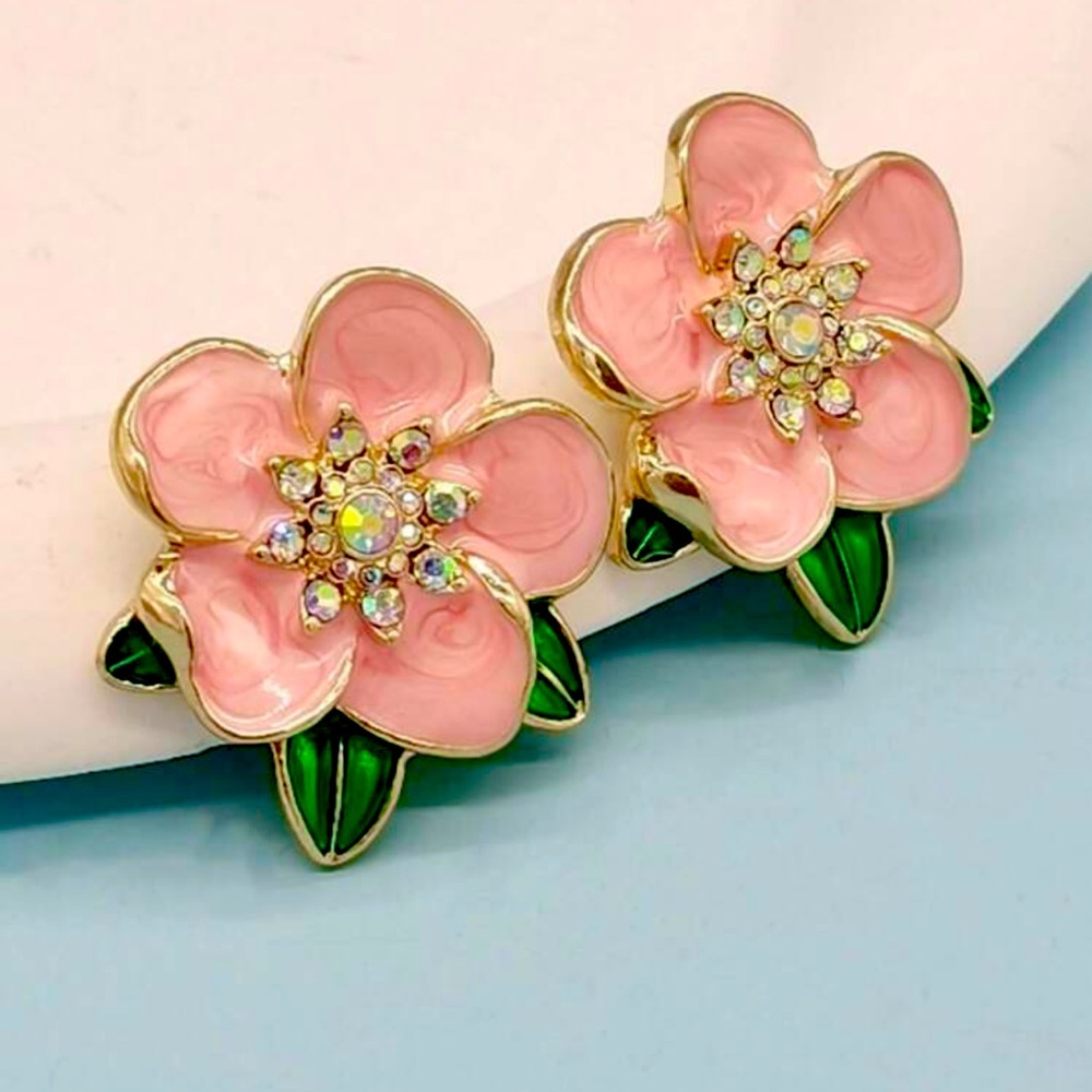 Pink, Orange, Green Glazed, Glossy, Enamel, Crystal Flower Shaped Stud Earrings - Picture 1 of 6